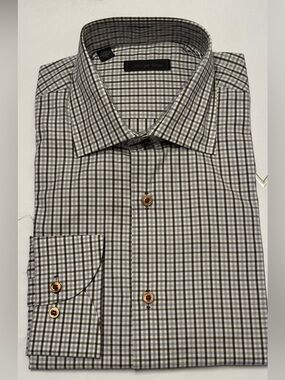 Saks Fifth Avenue Gray and White Checked Dress Shirt